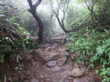 磐梯山山頂への登り。ここからはガレ場の登りになるけど泥で滑りやすかった