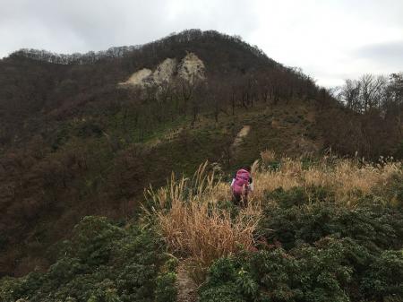 向こう側のピークが水沢岳。むき出しの岩場を登ることになる
