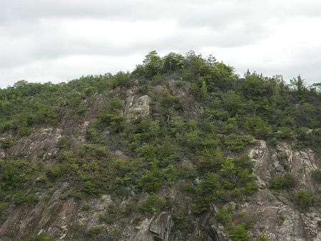 岩場の上からよく見ると何か岩に彫られている。これは磨崖仏というらしくて、だるま様とか言ってる人もいるようだ。誰があんなところに彫ったのかが気になった