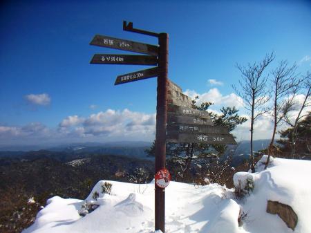 剣尾山の山頂(784m)に到着。この看板と積雪と青空がまさに絵になる