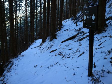 ここで右上の雪池山のほうへ登っていく。細道のトラバースが滑りやすくて怖いのでアイゼン装着