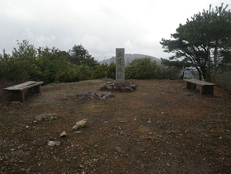 三尾山本峰（586m）に到着。山頂は広く、真ん中に三尾城址という石碑が立っている。やっとベンチに座って大休憩できそう