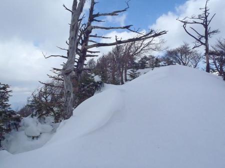 ようやく山頂が見えてきたが、雪にズボズボはまりながら息切れ状態