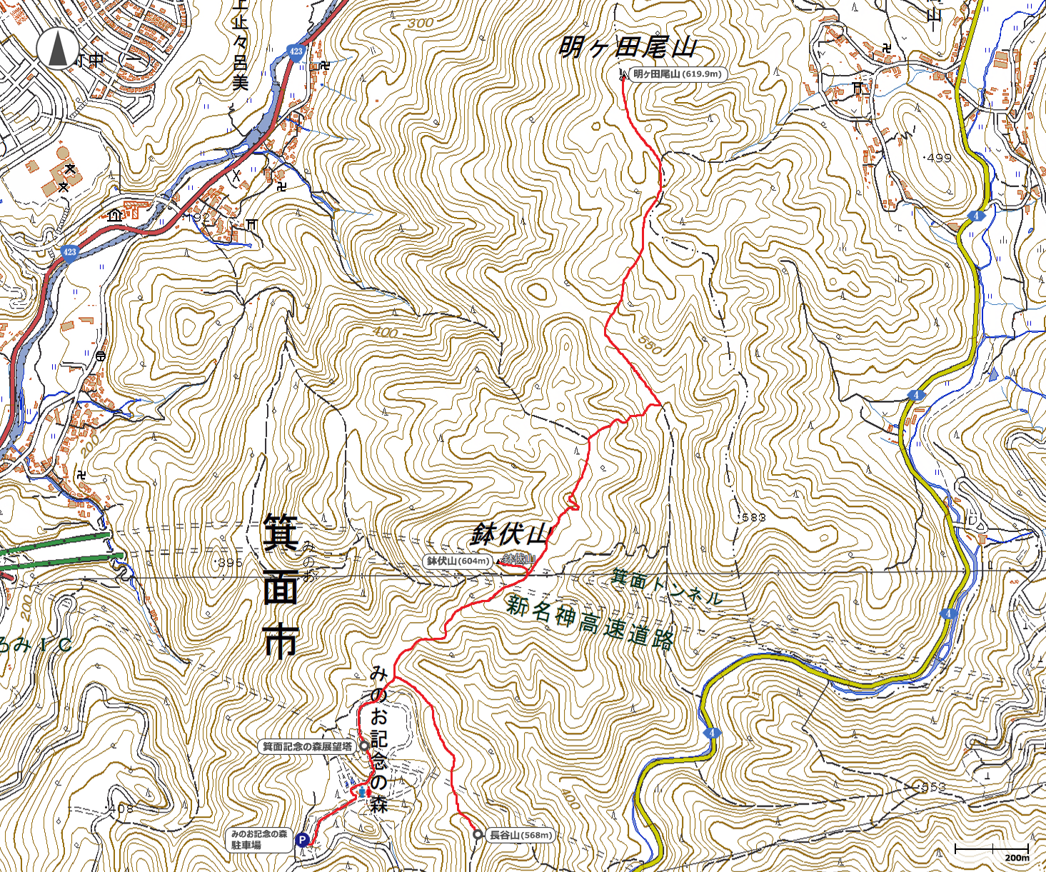 長谷山～鉢伏山～明ヶ田尾山地図