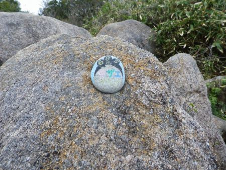 蠑螺ヶ岳の山頂の岩上に絵が描かれた石が置いてあって、最初は何かわからなかったけど、これってアニメ、サザエさんの頭だということがわかった