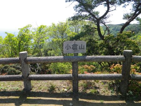小倉山山頂(841m)に到着。山頂はこの小さなプレートがあるだけで後ろは広い山頂になっている