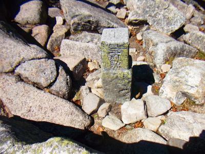 金峰山の山頂三角点。石に埋まっているようだった