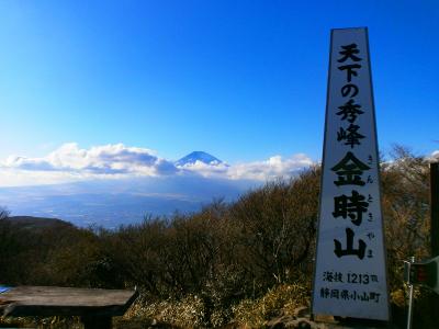 金時山(1213m)に到着。静岡県との県境なんやね。この看板、どこのパンフレットにも載っていて有名なんよね