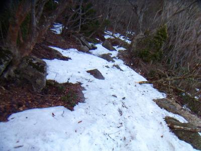 ダケ道も上のほうは雪道が続く。アイゼンを出すまでもなかったけど滑らないように注意