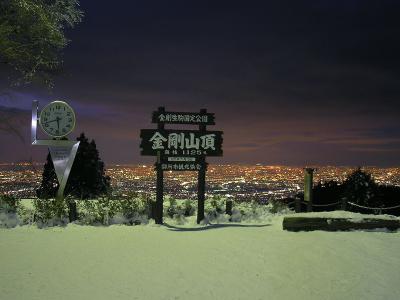ライトアップされた金剛山頂の看板と雪景色、背景に大阪平野の夜景。まさに絵になっている。樹氷じゃなかったのが残念だった
